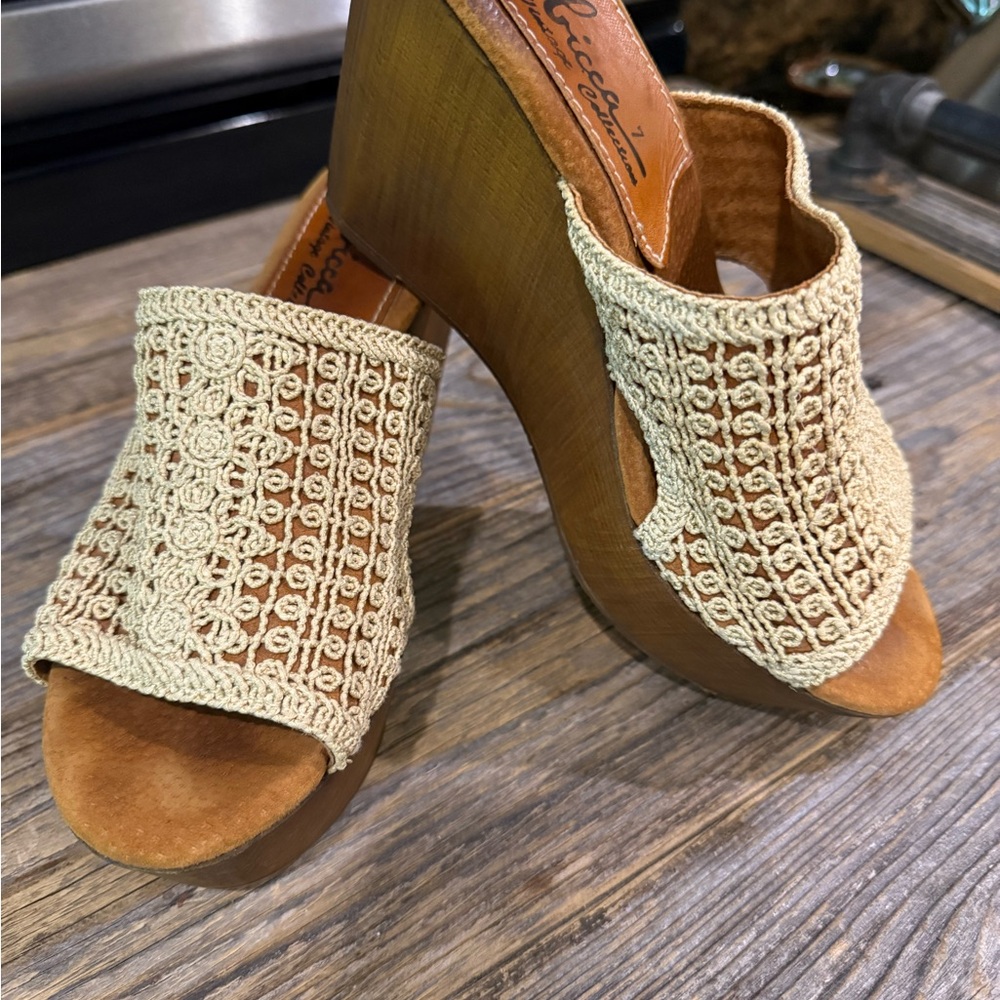 Sbicca Tan Crochet Wedge Sandals